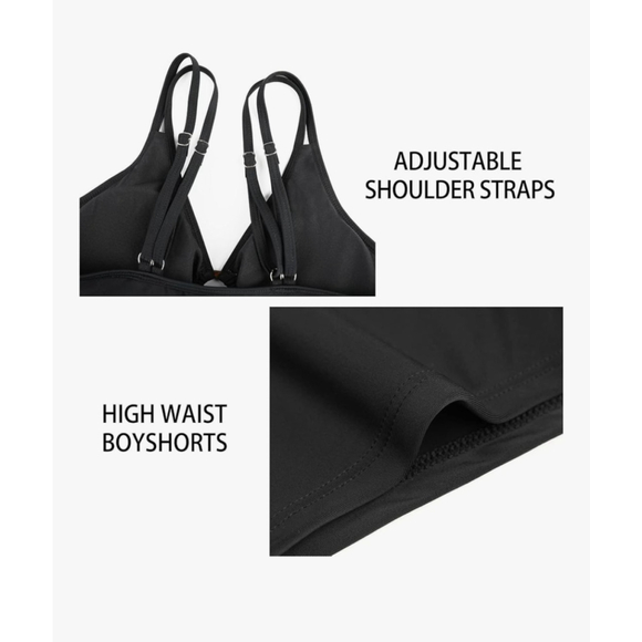 Blk 2Pc Tankini Swimsuit Size XL Tummy Control Boy Shorts Keyhole Swim Dress NWT - Picture 2 of 5